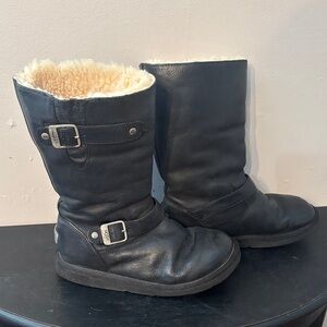 UGG Kensington Moto Black Leather Buckle Boots with Shearling Lining